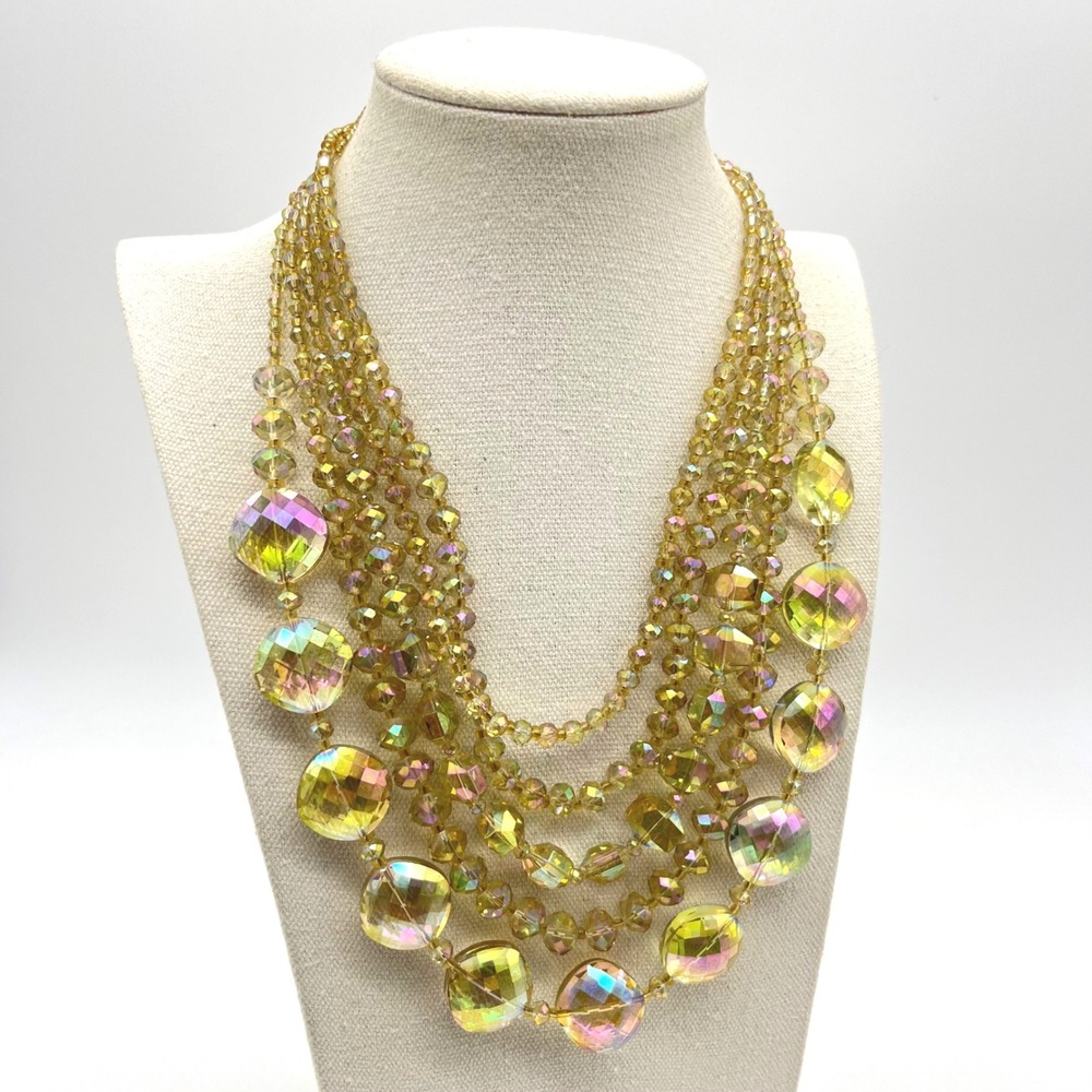 Honey Yellow Aurora Borealis 5-Strand Faceted Bead Statement Bib Necklace